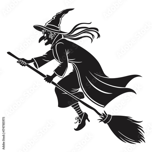Black silhouette of a witch flying on a broomstick 3