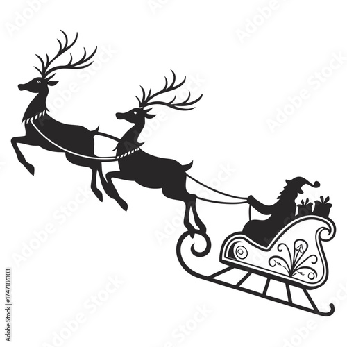 Black silhouette of reindeer pulling Santa's sleigh with gifts