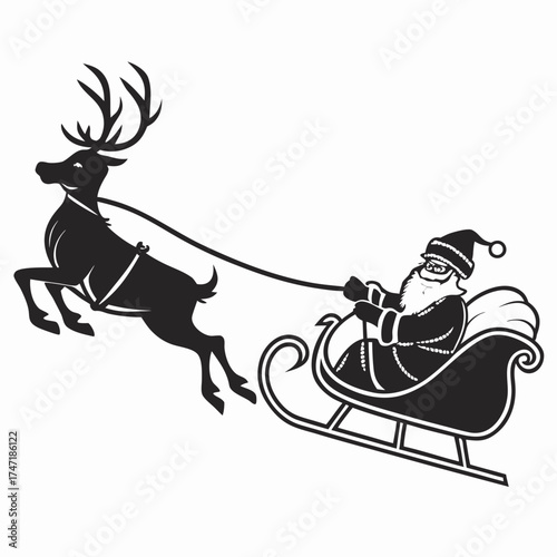 Black silhouette of Santa Claus in a sleigh pulled by a reindeer