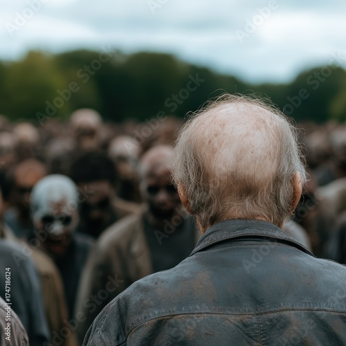 Balding man faces a horde of zombies.