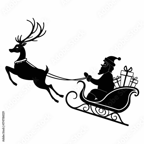Black silhouette of Santa Claus in sleigh pulled by reindeer 1
