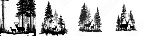 Stunning silhouette of deers in pine forest, a nature scene, wild animals, woodland illustration, wildlife art, rustic decoration, perfect for logos and forest themed designs