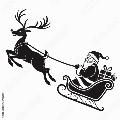 Black silhouette of Santa Claus in sleigh pulled by reindeer 2