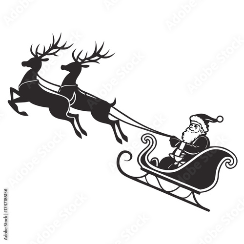 Black silhouette of Santa Claus in sleigh pulled by reindeers