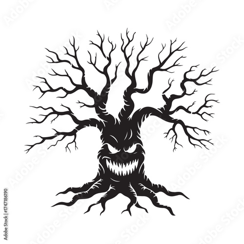 Spooky halloween tree with menacing face and gnarly branches full of scary detail silhouette