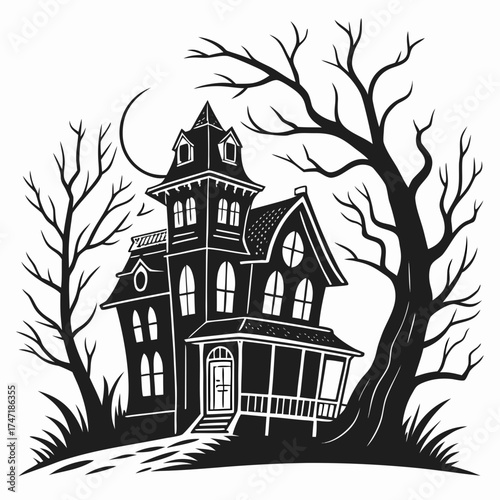 Black spooky haunted mansion with bare trees and moon