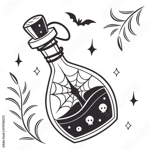 Black spooky potion bottle with spider web and skulls
