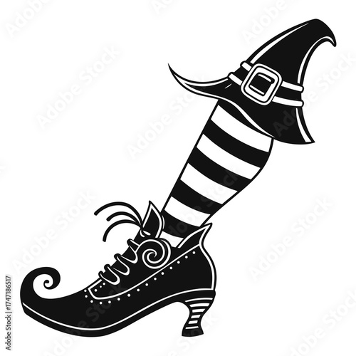 Black witch shoe with striped leg and curled toe Halloween