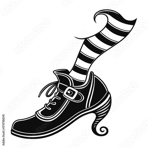 Black witch shoe with striped sock curled toe witch shoe icon