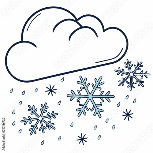 Blue and white cloud with falling snowflakes and raindrops