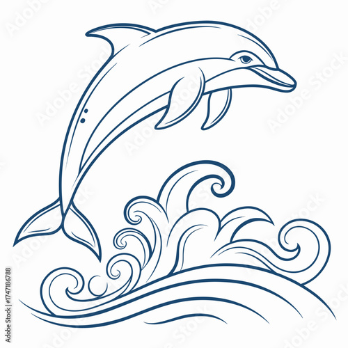 Blue line art dolphin leaping over stylized waves jumping