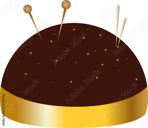 Gold brouwn pincushion with goud pins embedded in a dome shape for sewing. 