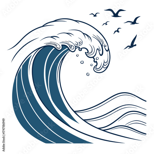 Blue wave and seagulls graphic ocean water