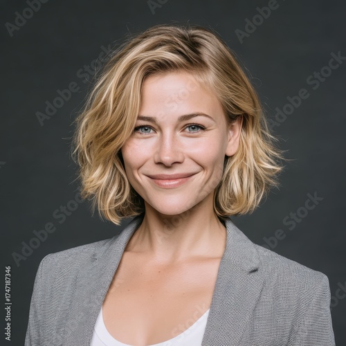 Smiling woman with blonde hair wearing a blazer.