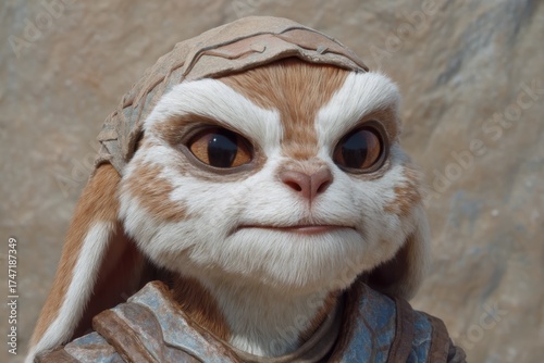 Furry creature with amber eyes and head covering.