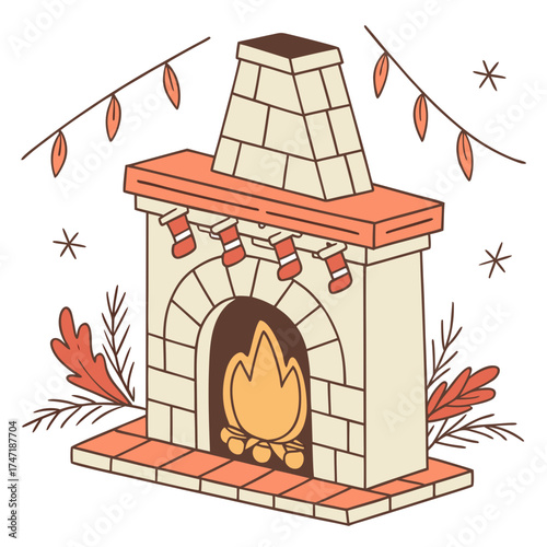 Christmas fireplace with burning fire and stockings