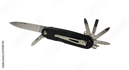 Black multi-tool with silver blades shines against black. Versatile for outdoor, camping, or everyday carry. Use for product shots, tool catalogs, DIY projects.