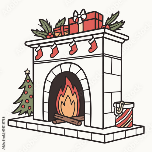 Christmas fireplace with burning fire stockings and gifts