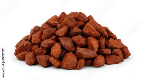 Pile of chocolate candy rocks on white background.