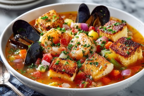 Deliciosa sopa de mariscos con trozos de pescado y mejillones en un tazón blanco