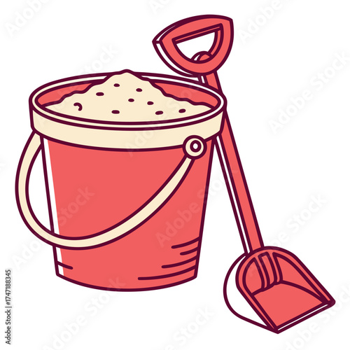 Coral sand bucket filled with sand and shovel beach toy