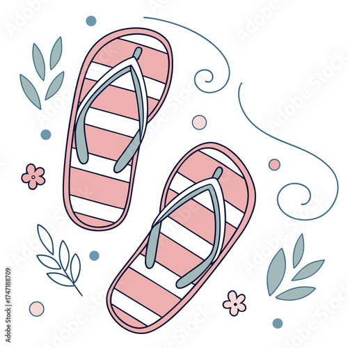 Cute pastel pink and blue striped flip flops with leaves