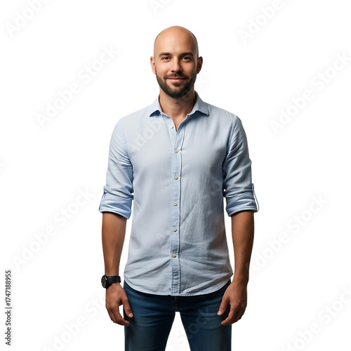 Bald man in light blue shirt and jeans standing confidently and smiling isolated on transparent background