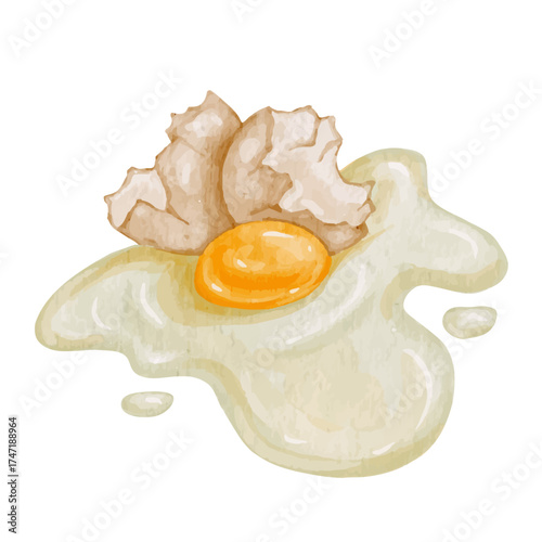Cracked chicken egg with leaking white and yolk. Vector graphic.