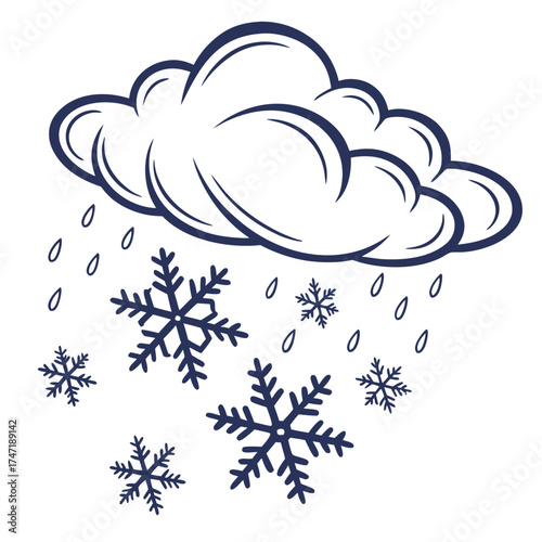 Dark blue cloud raining snowflakes and raindrops winter