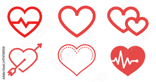 Red Heart Icon Set Love, Health, and Romance Vector Symbols Collection with different shapes