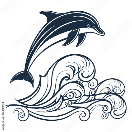 Dark blue dolphin leaping over stylized waves jumping
