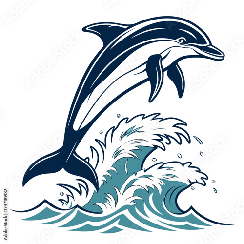 Dark blue dolphin leaping over teal ocean waves jumping