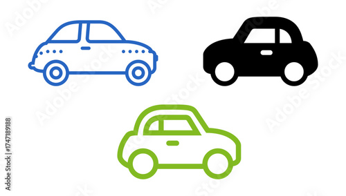 Compact Retro Car Icons Set Outline, Solid, and Dual Tone Vector Graphics for Transportation Apps
