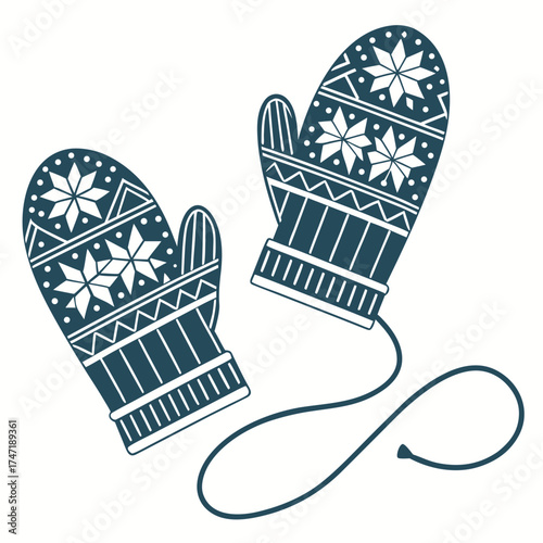 Dark blue knitted mittens with snowflake pattern gloves