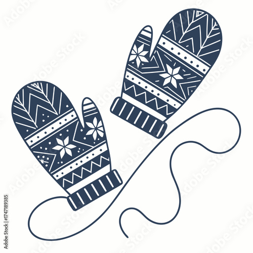 Dark blue knitted mittens with white Scandinavian patterns