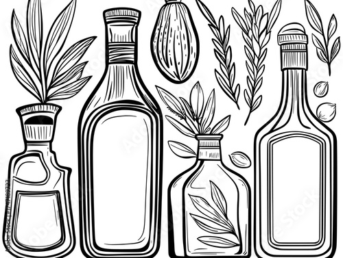 A set of modern glass bottles holds an assortment of natural virgin organic oils, including vegetable, olive, sunflower, avocado, and coconut, each accompanied by its ingredient plant