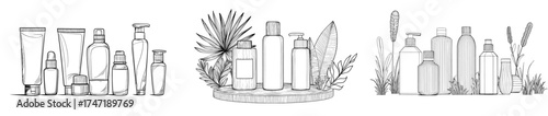 A cosmetic line product mockup showcasing cream, spray balsam, soap, and shampoo packaging in bottles and tubes