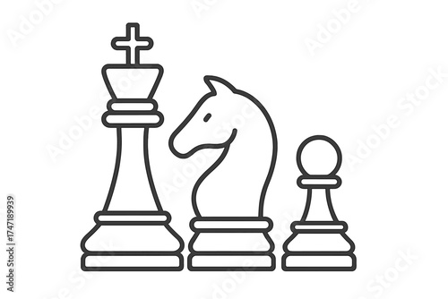 Chess pieces vector line icon set with king, knight, and pawn. Business concept for strategy, leadership, management, teamwork, and competition. Strategic planning symbol.
