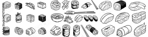 Japanese cuisine is represented by sushi, onigiri, salmon sashimi, and sauces, accompanied by cartoon illustrations of shrimp tempura, Asian chopsticks, soy sauce, wasabi, and ginger