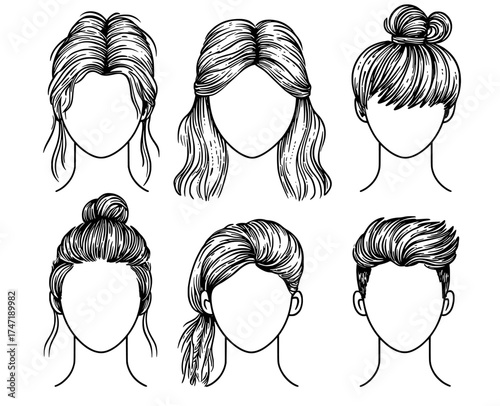 Cartoon illustrations of male hairstyles, ranging from short to long and curly, can be found in a set of modern flat fashion icons depicting a barber salon