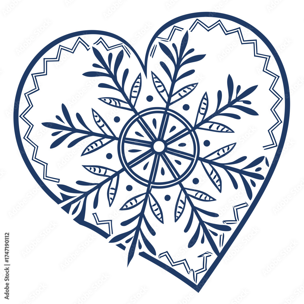 Fototapeta premium Dark blue snowflake heart shape with floral elements
