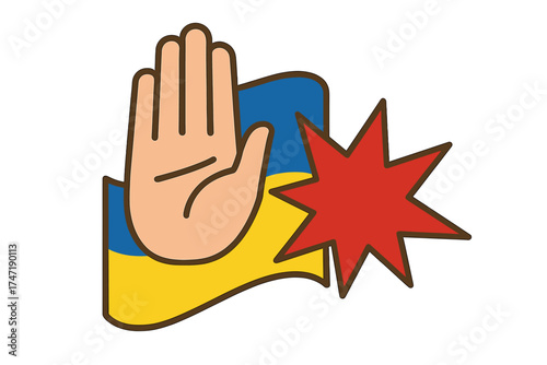 Stop war in Ukraine concept. Hand gesture against russian aggression. Support for Ukraine, stand with Ukraine. Peace protest symbol. No war sign. Ukrainian flag background vector.