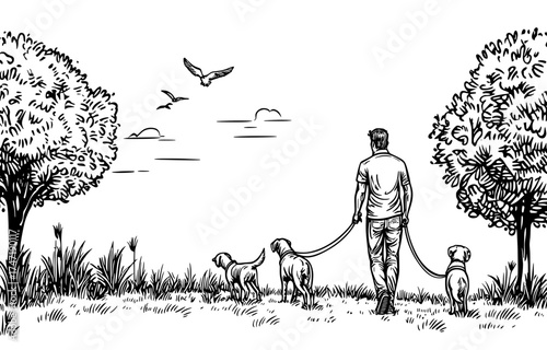 A man with a volunteer spirit walks with multiple dogs on leashes in a park, embodying the dog sitter job in an outdoor setting, which represents a modern concept of flat dogs walk service or pet