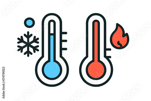 Hot and cold thermometer vector icon. Temperature measurement symbol for weather, climate. Medical concepts like fever, flu, virus. Heat and freeze flat line illustration.