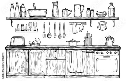 Cozy elements, including furniture, utensils, and decorative pieces, come together with modern appliances to create a hygge-inspired kitchen interior, complete with a table and sleek cabinets