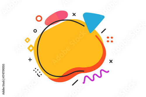 Trendy geometric vector banner for promo marketing. Modern liquid splash in comic style with bright colors. Abstract background for sale, discount tag or special offer.