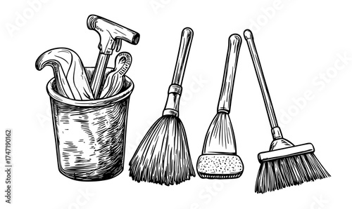 This modern set comprises realistic 3D home cleaning tools like brooms, mop and bucket, as well as household cleanup and dish washing chemical products, and other essentials including rags and