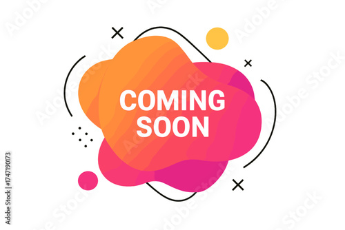 Coming soon vector banner. Trendy fluid geometric shape for promotion announcement. Abstract liquid gradient badge for business, sales, events, social media, and new releases.