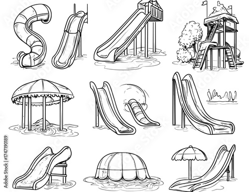 A modern set of inflatable water slides and plastic spiral tubes creates a cartoon amusement swimming park for extreme entertainment in aquapark pools