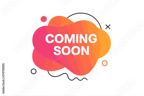 Coming Soon announcement on a trendy fluid gradient shape. Abstract geometric vector sign for marketing, promotion, business events, social media posts, and product releases.